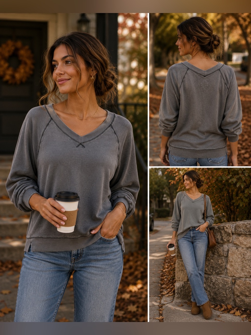 Aerie Gray V-Neck Oversized Sweatshirt Women’s Small Contrast Stitch Pullover
